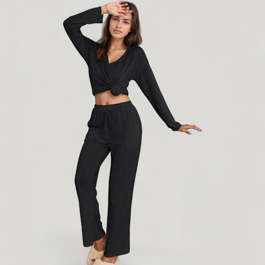Anna-Kaci Lounge Women's Ribbed Knit Long Sleeve Crop Top and High Waist Lounge Pants Two Piece Set