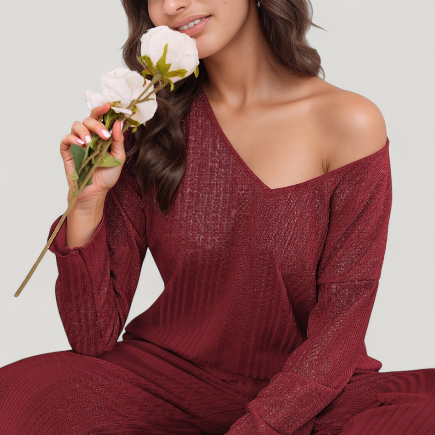 Anna-Kaci Lounge Women's Ribbed Knit Long Sleeve Crop Top and High Waist Lounge Pants Two Piece Set