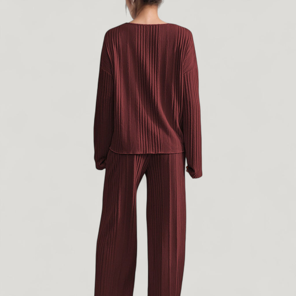 Anna-Kaci Lounge Women's Ribbed Knit Long Sleeve Crop Top and High Waist Lounge Pants Two Piece Set