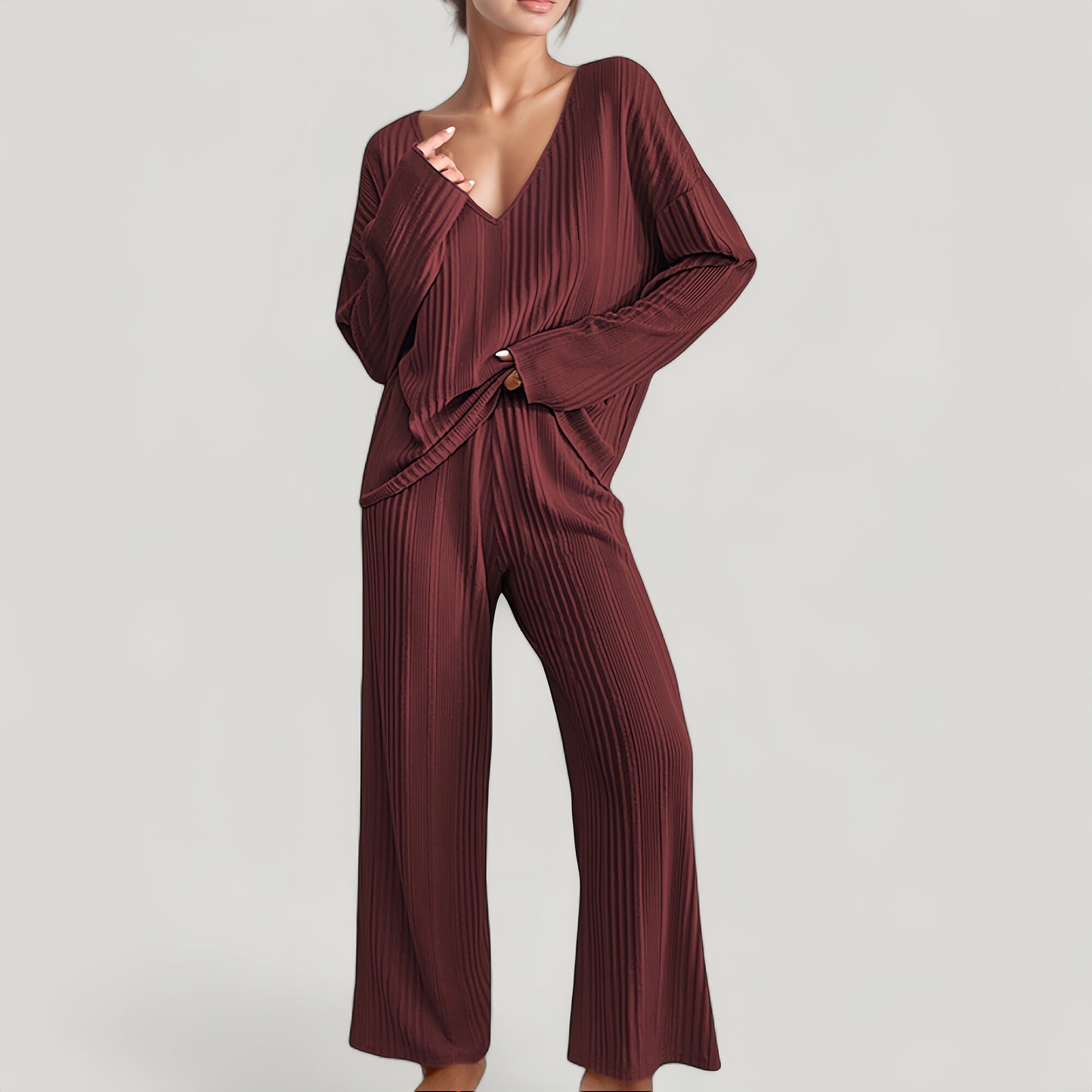 Anna-Kaci Lounge Women's Ribbed Knit Long Sleeve Crop Top and High Waist Lounge Pants Two Piece Set