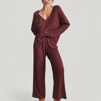 Anna-Kaci Lounge Women's Ribbed Knit Long Sleeve Crop Top and High Waist Lounge Pants Two Piece Set