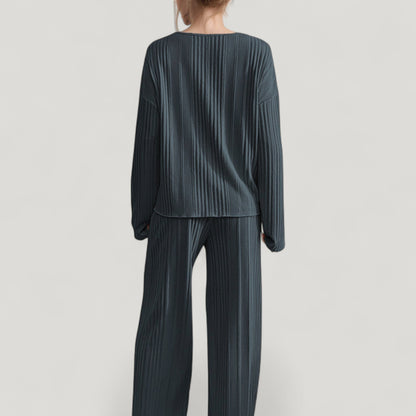 Anna-Kaci Lounge Women's Ribbed Knit Long Sleeve Crop Top and High Waist Lounge Pants Two Piece Set