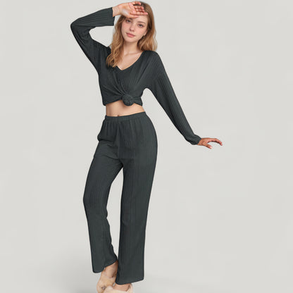 Anna-Kaci Lounge Women's Ribbed Knit Long Sleeve Crop Top and High Waist Lounge Pants Two Piece Set