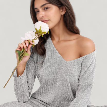 Anna-Kaci Lounge Women's Ribbed Knit Long Sleeve Crop Top and High Waist Lounge Pants Two Piece Set