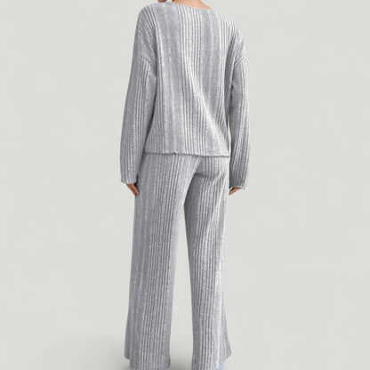Anna-Kaci Lounge Women's Ribbed Knit Long Sleeve Crop Top and High Waist Lounge Pants Two Piece Set