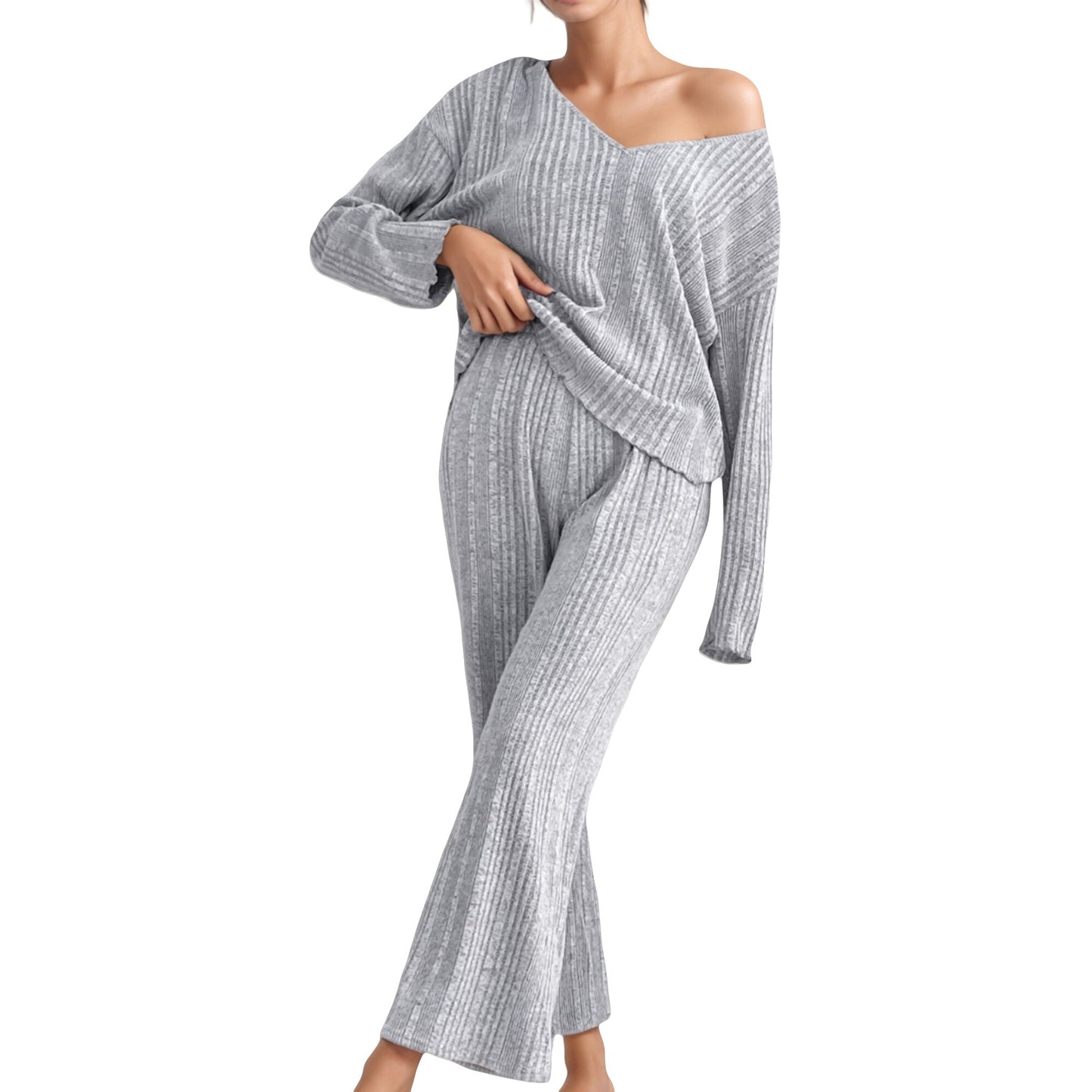 Anna-Kaci Lounge Women's Ribbed Knit Long Sleeve Crop Top and High Waist Lounge Pants Two Piece Set