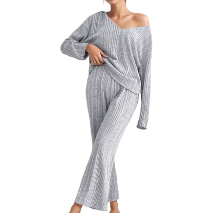 Anna-Kaci Lounge Women's Ribbed Knit Long Sleeve Crop Top and High Waist Lounge Pants Two Piece Set