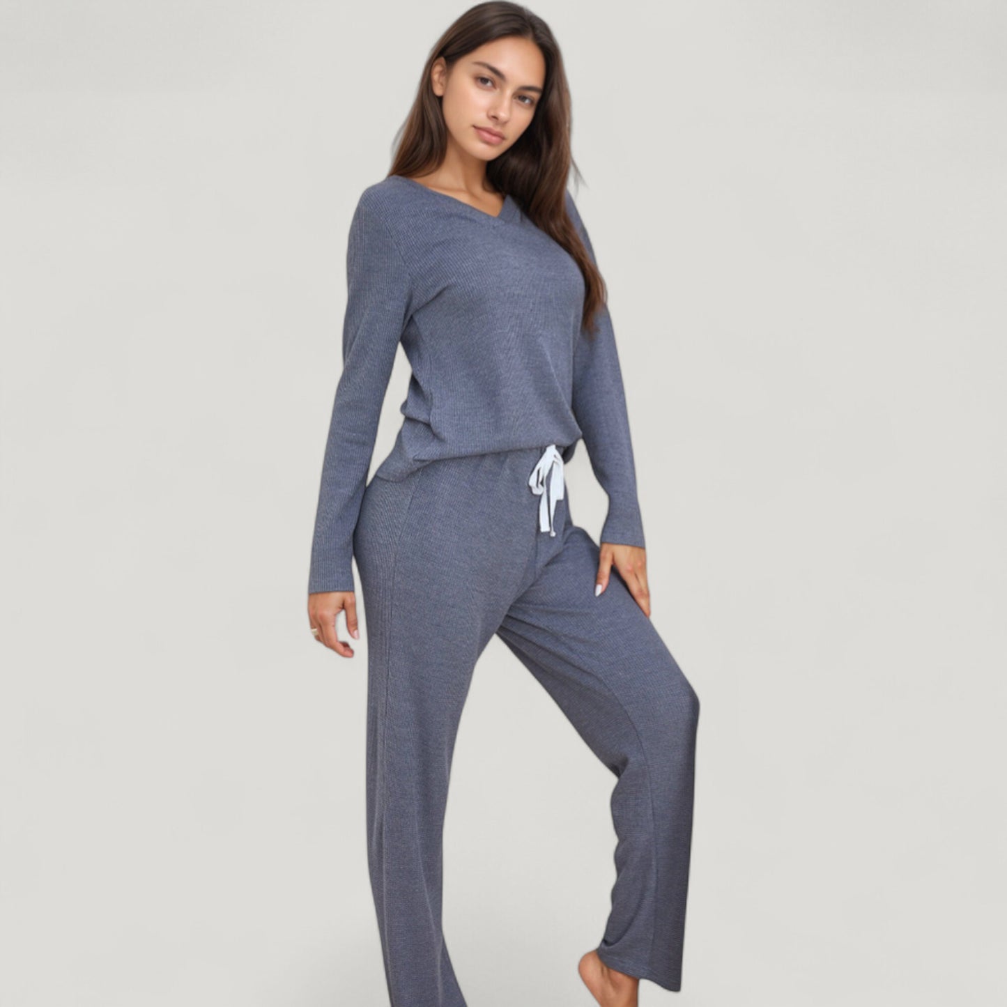 Anna-Kaci Lounge Women's V-Neck Long Sleeve Knit Top and Drawstring Waist Lounge Pants Two Piece Set