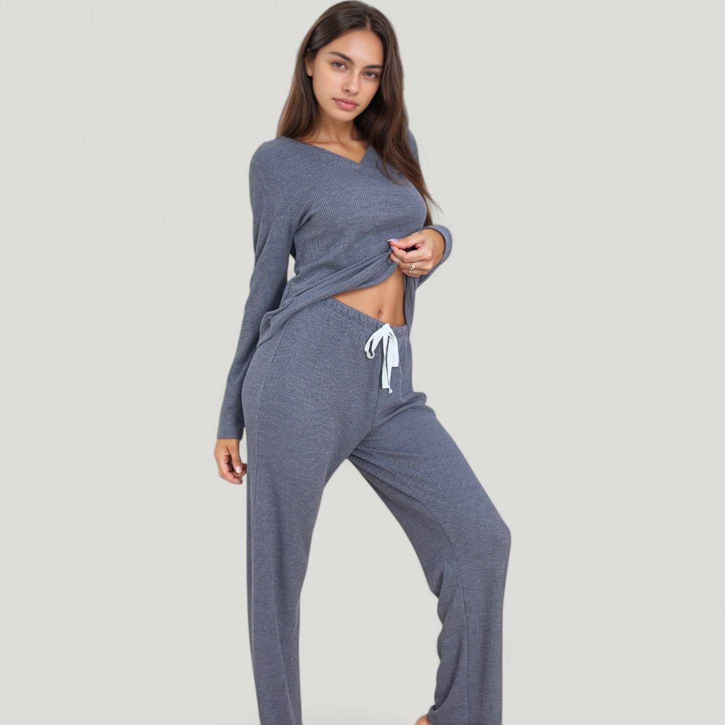 Anna-Kaci Lounge Women's V-Neck Long Sleeve Knit Top and Drawstring Waist Lounge Pants Two Piece Set