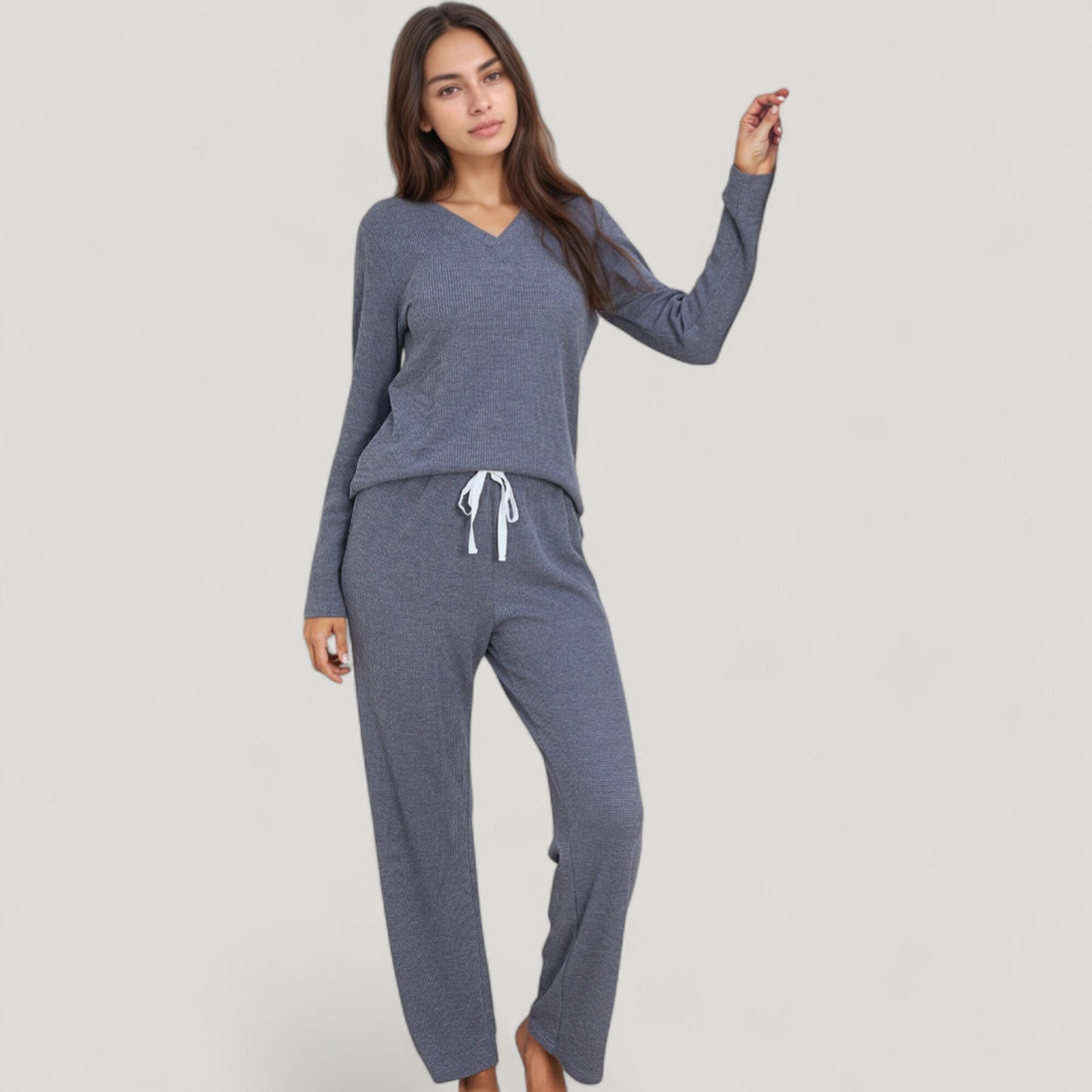 Anna-Kaci Lounge Women's V-Neck Long Sleeve Knit Top and Drawstring Waist Lounge Pants Two Piece Set
