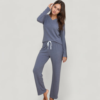 Anna-Kaci Lounge Women's V-Neck Long Sleeve Knit Top and Drawstring Waist Lounge Pants Two Piece Set