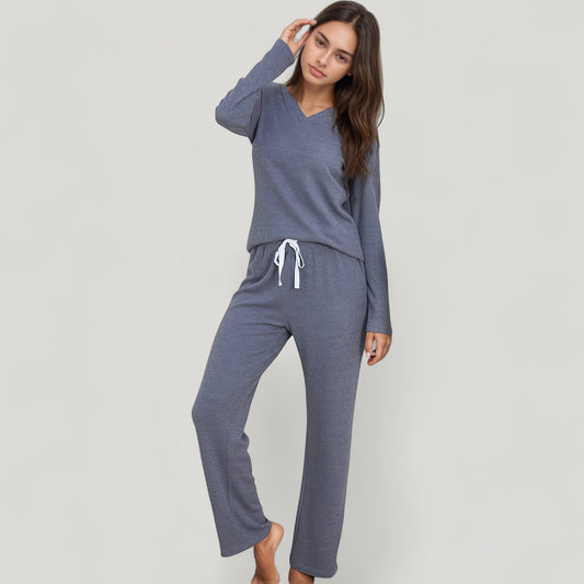 Anna-Kaci Lounge Women's V-Neck Long Sleeve Knit Top and Drawstring Waist Lounge Pants Two Piece Set