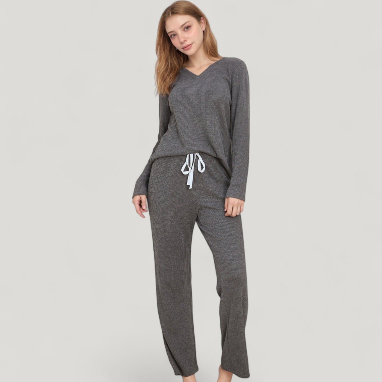 Anna-Kaci Lounge Women's V-Neck Long Sleeve Knit Top and Drawstring Waist Lounge Pants Two Piece Set