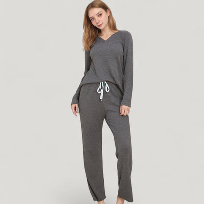 Anna-Kaci Lounge Women's V-Neck Long Sleeve Knit Top and Drawstring Waist Lounge Pants Two Piece Set