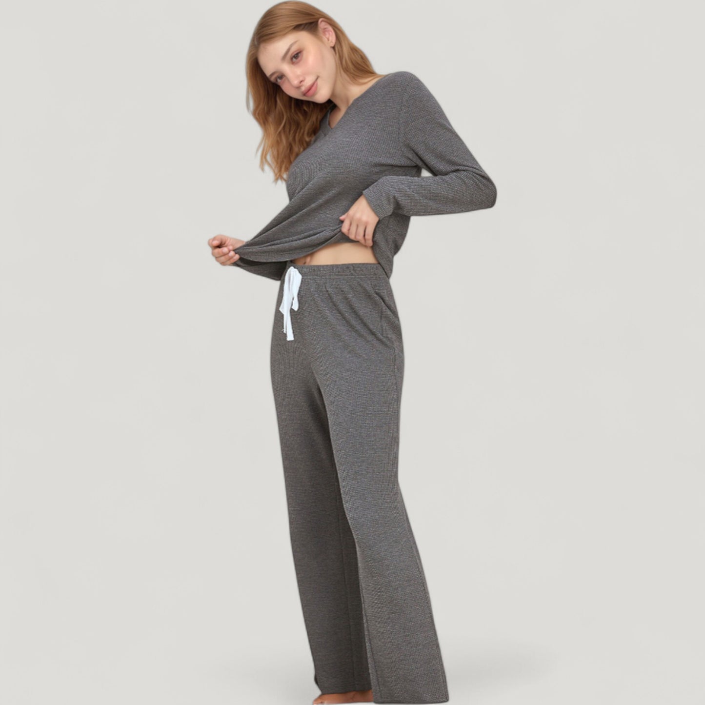 Anna-Kaci Lounge Women's V-Neck Long Sleeve Knit Top and Drawstring Waist Lounge Pants Two Piece Set