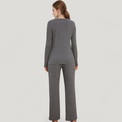 Anna-Kaci Lounge Women's V-Neck Long Sleeve Knit Top and Drawstring Waist Lounge Pants Two Piece Set