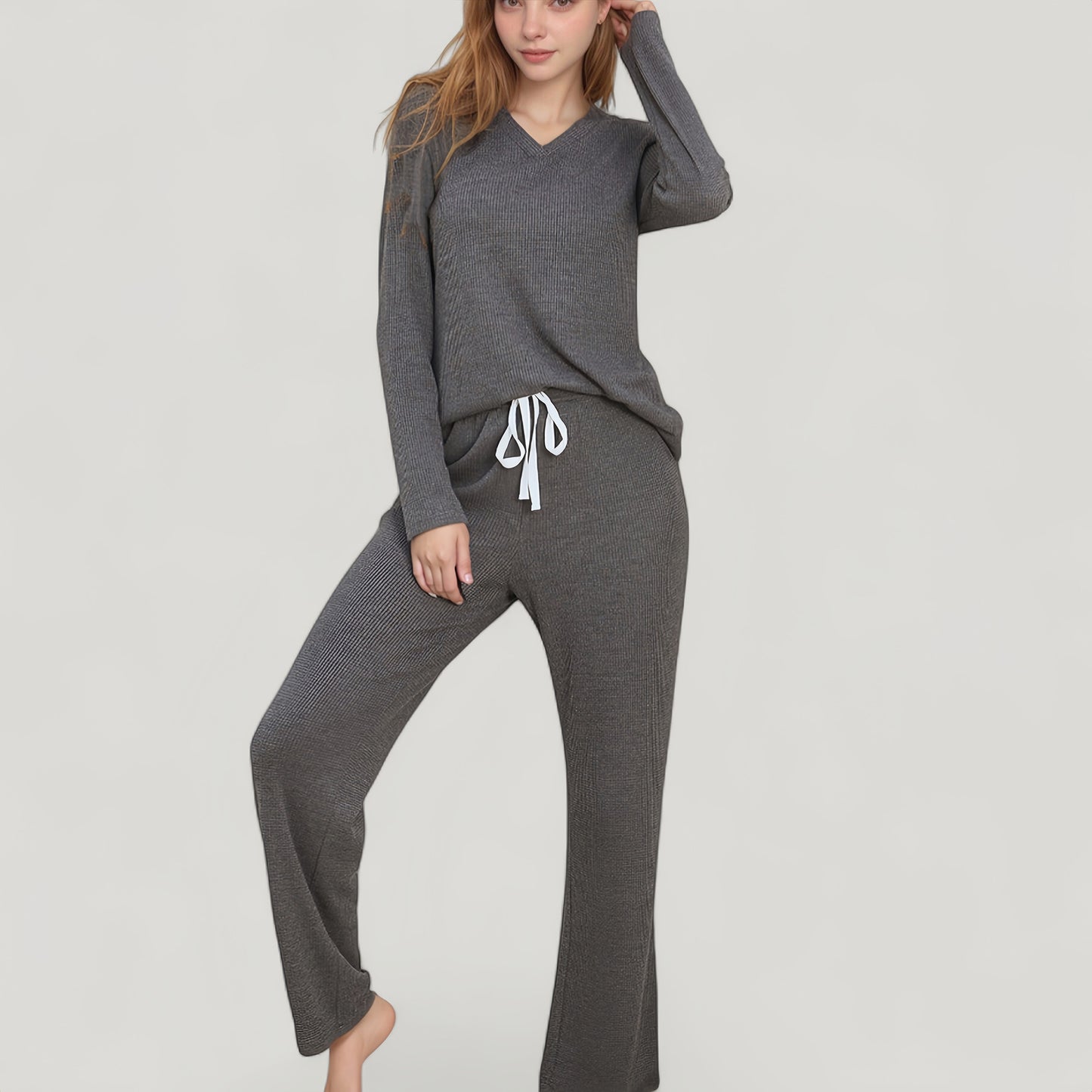 Anna-Kaci Lounge Women's V-Neck Long Sleeve Knit Top and Drawstring Waist Lounge Pants Two Piece Set