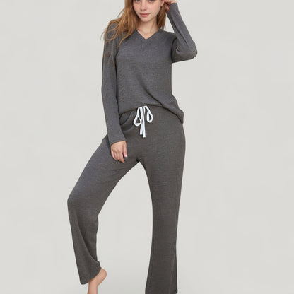 Anna-Kaci Lounge Women's V-Neck Long Sleeve Knit Top and Drawstring Waist Lounge Pants Two Piece Set