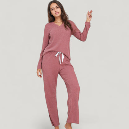 Anna-Kaci Lounge Women's V-Neck Long Sleeve Knit Top and Drawstring Waist Lounge Pants Two Piece Set