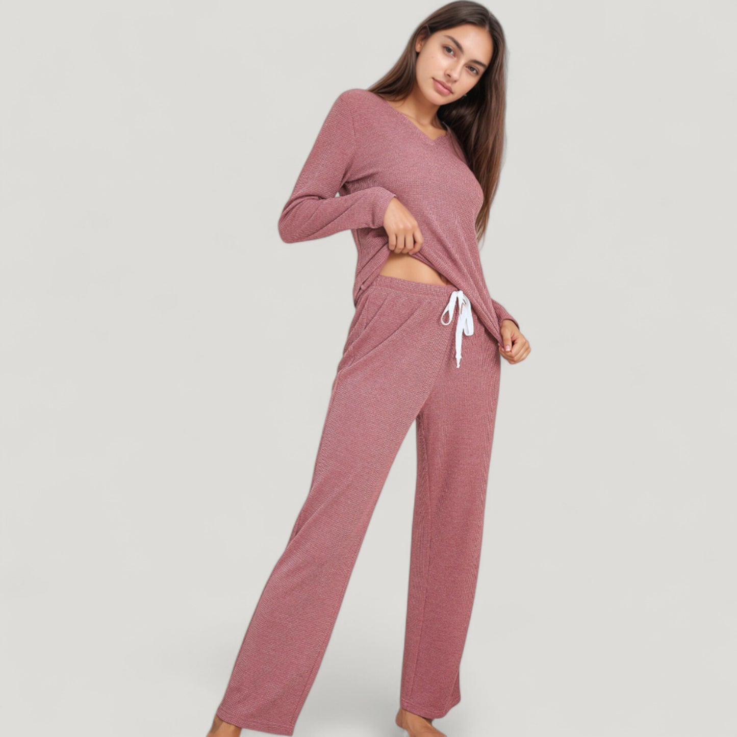 Anna-Kaci Lounge Women's V-Neck Long Sleeve Knit Top and Drawstring Waist Lounge Pants Two Piece Set