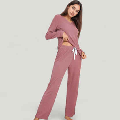 Anna-Kaci Lounge Women's V-Neck Long Sleeve Knit Top and Drawstring Waist Lounge Pants Two Piece Set