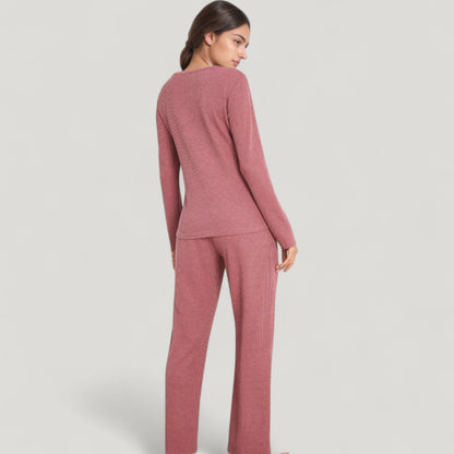 Anna-Kaci Lounge Women's V-Neck Long Sleeve Knit Top and Drawstring Waist Lounge Pants Two Piece Set