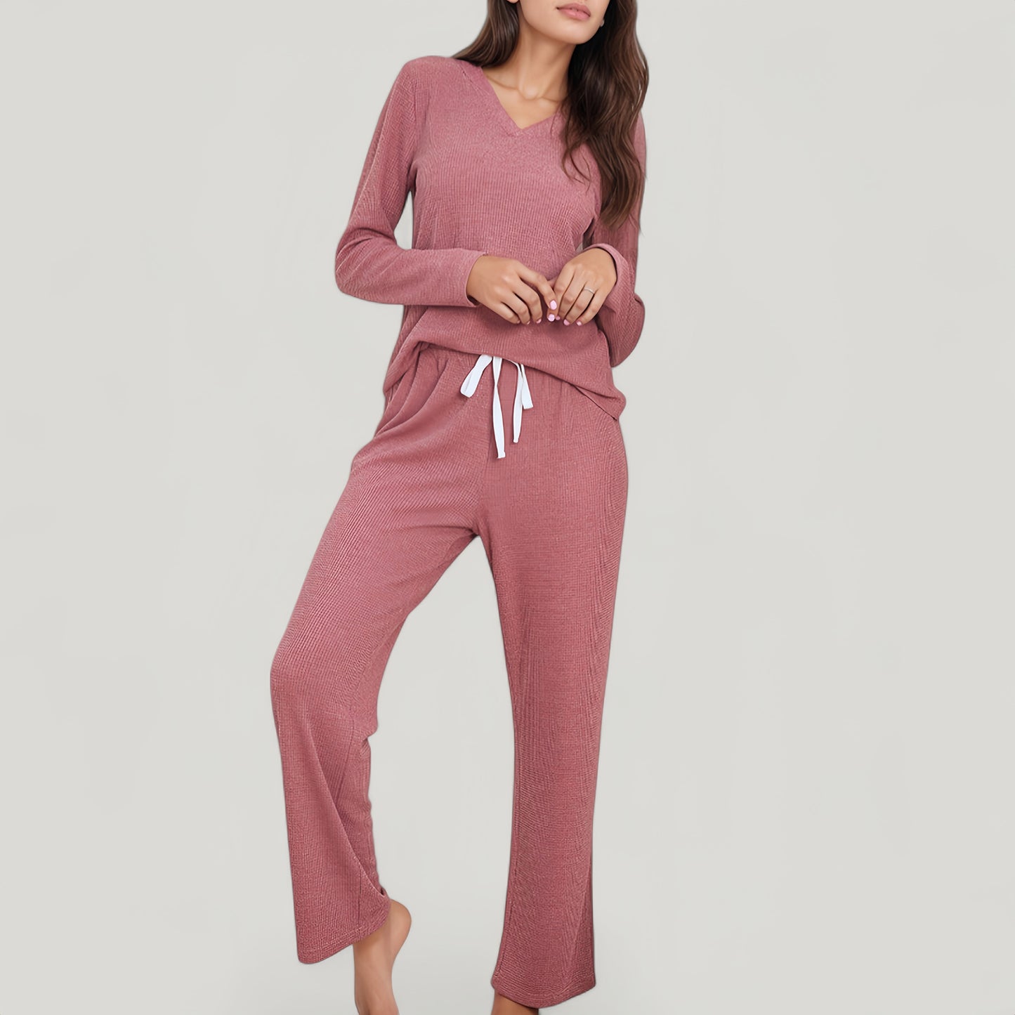Anna-Kaci Lounge Women's V-Neck Long Sleeve Knit Top and Drawstring Waist Lounge Pants Two Piece Set