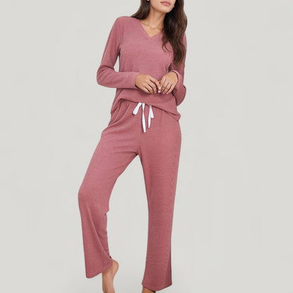 Anna-Kaci Lounge Women's V-Neck Long Sleeve Knit Top and Drawstring Waist Lounge Pants Two Piece Set