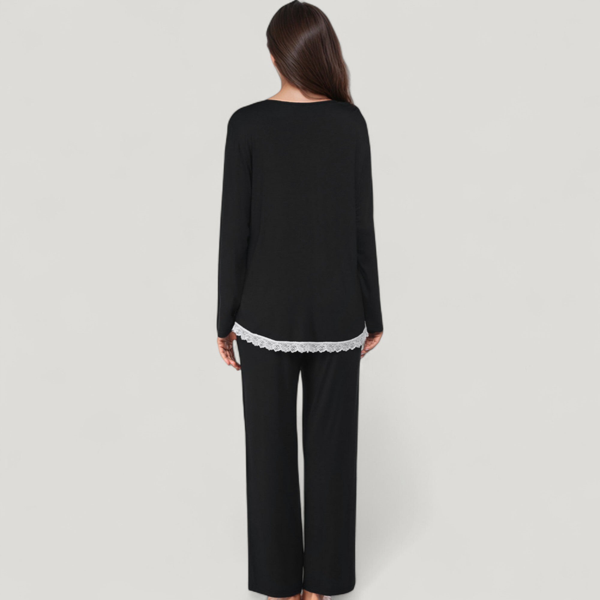 Anna-Kaci Lounge Women's Lace Trim Button Down Long Sleeve Top and Lounge Pants Two Piece Pajama Set