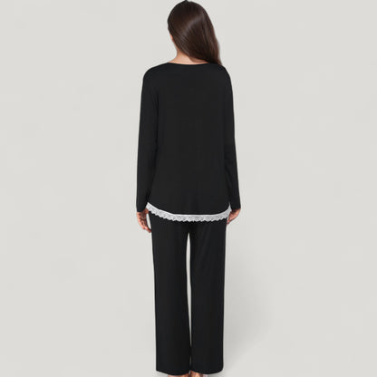 Anna-Kaci Lounge Women's Lace Trim Button Down Long Sleeve Top and Lounge Pants Two Piece Pajama Set