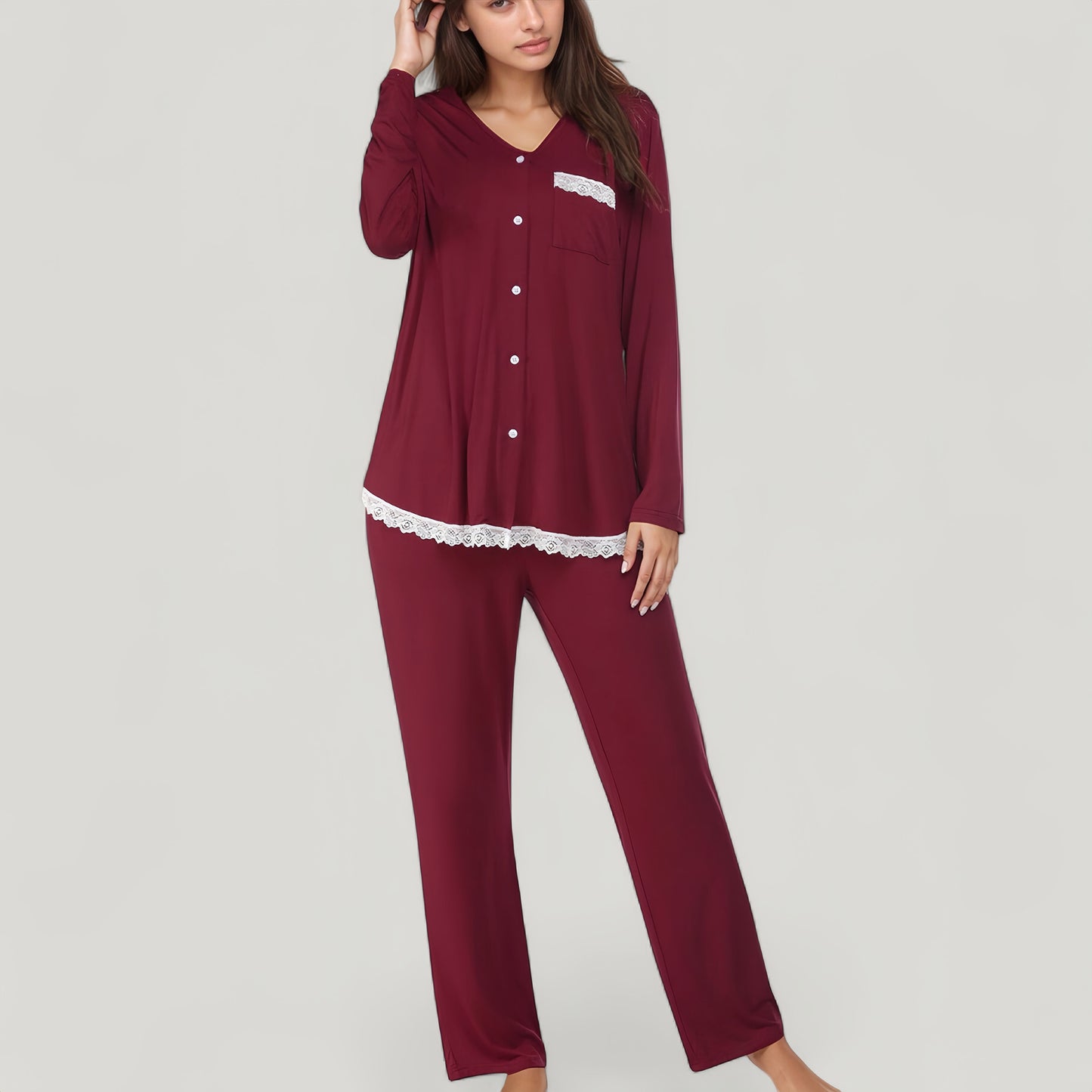 Anna-Kaci Lounge Women's Lace Trim Button Down Long Sleeve Top and Lounge Pants Two Piece Pajama Set