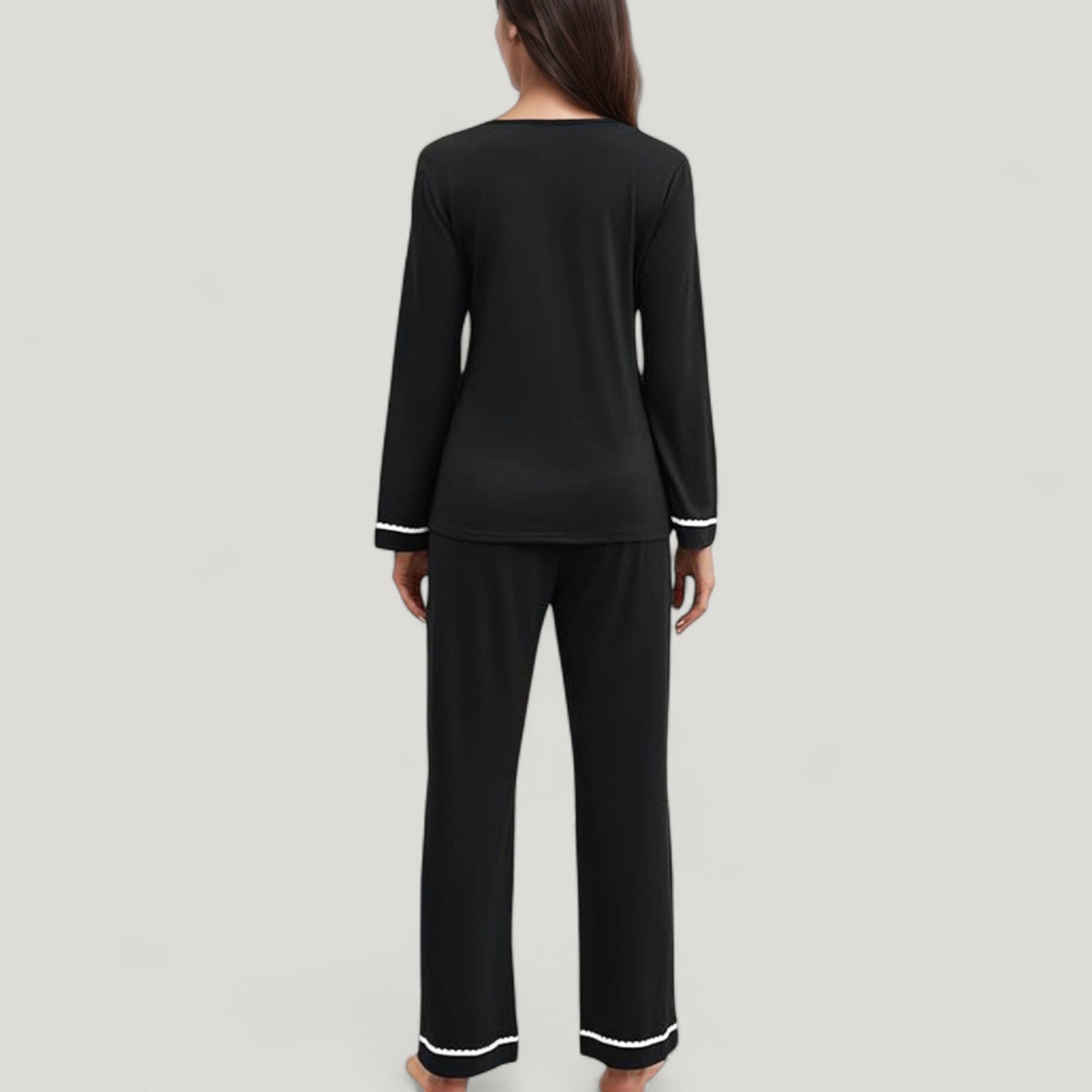 Anna-Kaci Lounge Women's Contrast Trim Long Sleeve V-Neck Pajama Top and Lounge Pants Two Piece Sleepwear Set