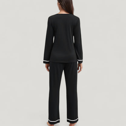 Anna-Kaci Lounge Women's Contrast Trim Long Sleeve V-Neck Pajama Top and Lounge Pants Two Piece Sleepwear Set