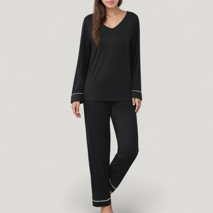 Anna-Kaci Lounge Women's Contrast Trim Long Sleeve V-Neck Pajama Top and Lounge Pants Two Piece Sleepwear Set