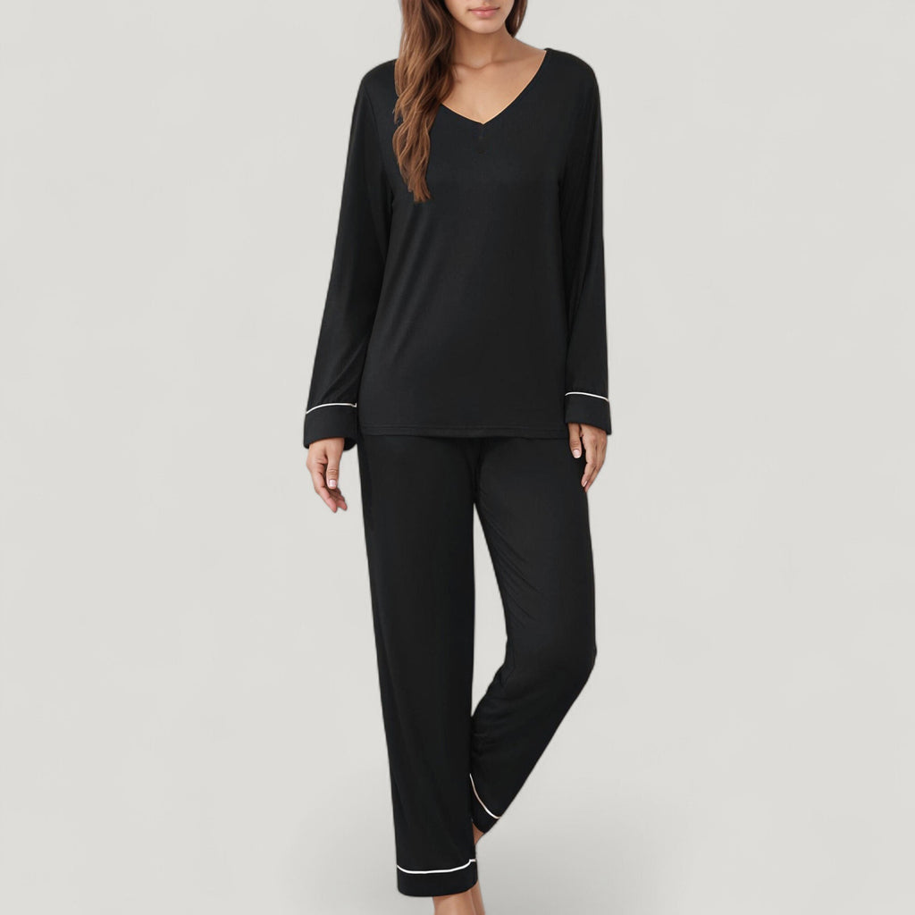 Anna-Kaci Lounge Women's Contrast Trim Long Sleeve V-Neck Pajama Top and Lounge Pants Two Piece Sleepwear Set