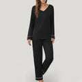 Anna-Kaci Lounge Women's Contrast Trim Long Sleeve V-Neck Pajama Top and Lounge Pants Two Piece Sleepwear Set