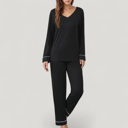 Anna-Kaci Lounge Women's Contrast Trim Long Sleeve V-Neck Pajama Top and Lounge Pants Two Piece Sleepwear Set