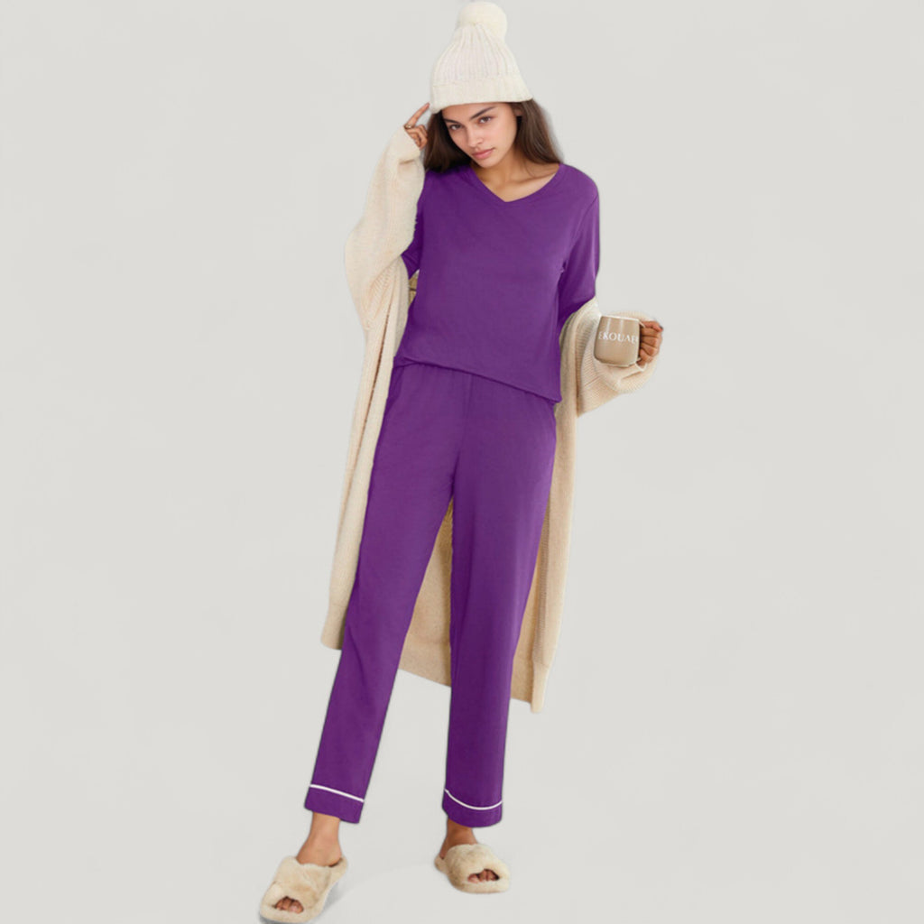 Anna-Kaci Lounge Women's Contrast Trim Long Sleeve V-Neck Pajama Top and Lounge Pants Two Piece Sleepwear Set