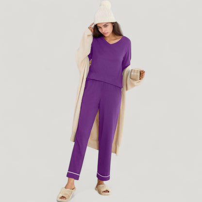 Anna-Kaci Lounge Women's Contrast Trim Long Sleeve V-Neck Pajama Top and Lounge Pants Two Piece Sleepwear Set