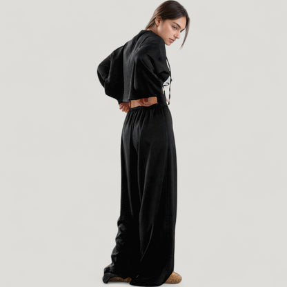 Anna-Kaci Lounge Women's Satin Look Pajama Set with Tie Front Balloon Sleeve Top and Wide Leg Relaxed Fit Pants