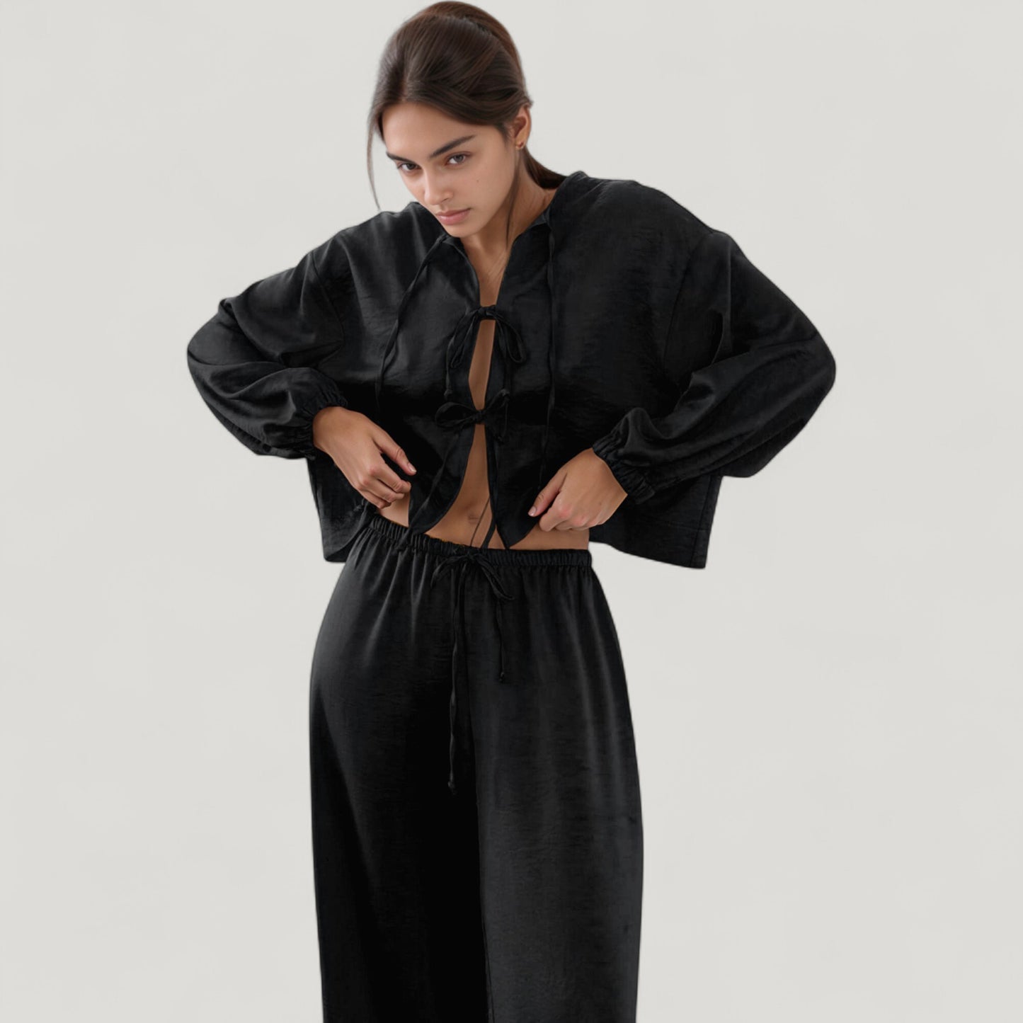 Anna-Kaci Lounge Women's Satin Look Pajama Set with Tie Front Balloon Sleeve Top and Wide Leg Relaxed Fit Pants