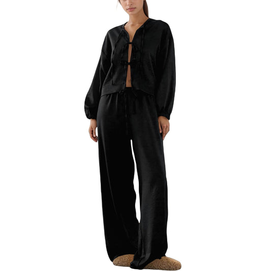 Anna-Kaci Lounge Women's Satin Look Pajama Set with Tie Front Balloon Sleeve Top and Wide Leg Relaxed Fit Pants