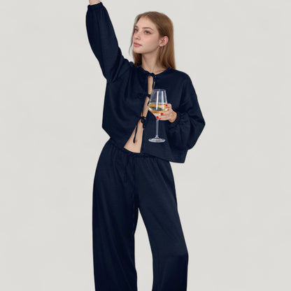 Anna-Kaci Lounge Women's Satin Look Pajama Set with Tie Front Balloon Sleeve Top and Wide Leg Relaxed Fit Pants