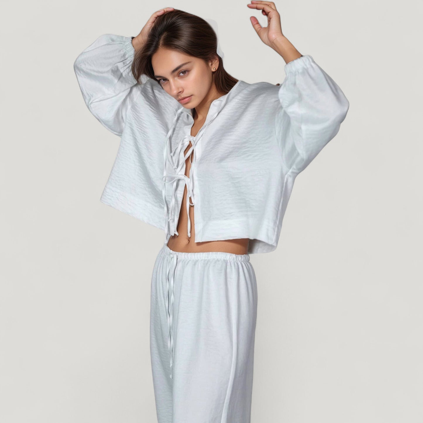 Anna-Kaci Lounge Women's Satin Look Pajama Set with Tie Front Balloon Sleeve Top and Wide Leg Relaxed Fit Pants