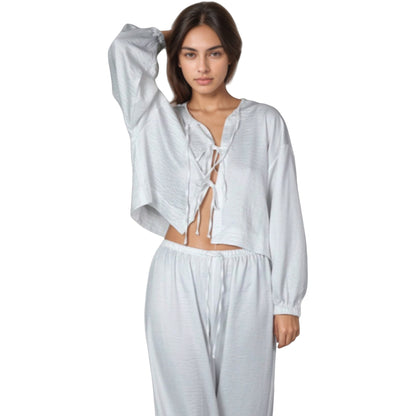 Anna-Kaci Lounge Women's Satin Look Pajama Set with Tie Front Balloon Sleeve Top and Wide Leg Relaxed Fit Pants