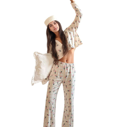 Anna-Kaci Lounge Women's Floral Print Pajama Set with Cropped Button Front Long Sleeve Top and Elastic Waist Wide Leg Pants