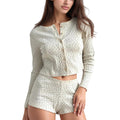 Anna-Kaci Lounge Women's Floral Rib Knit Pajama Set with Long Sleeve Button Front Crop Top and High Waist Fitted Shorts
