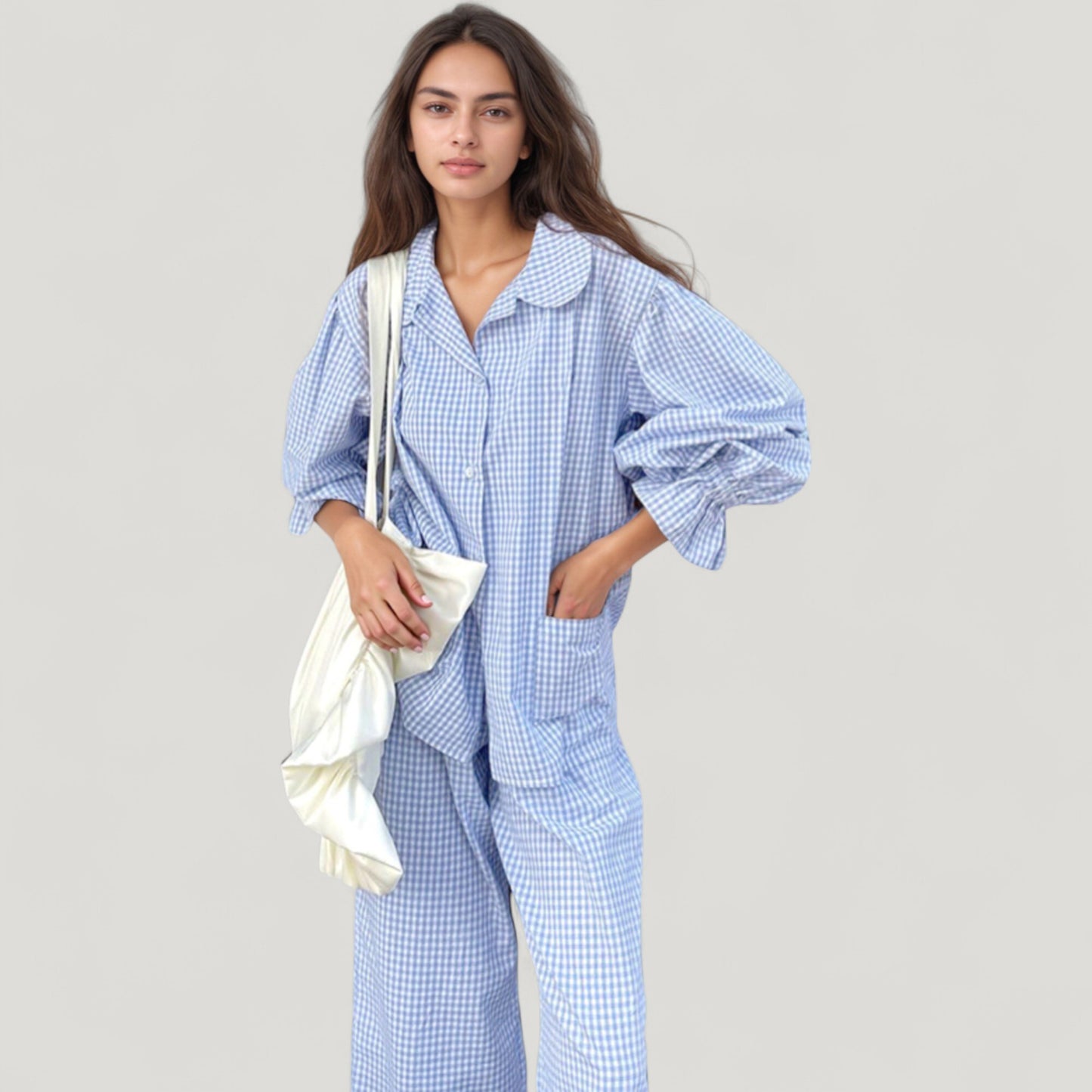 Anna-Kaci Lounge Women's Gingham Button Down Pajama Set with Long Sleeve Collared Top and Ruffle Hem Wide Leg Pants