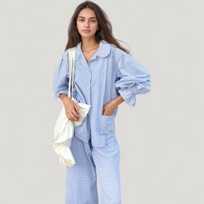 Anna-Kaci Lounge Women's Gingham Button Down Pajama Set with Long Sleeve Collared Top and Ruffle Hem Wide Leg Pants