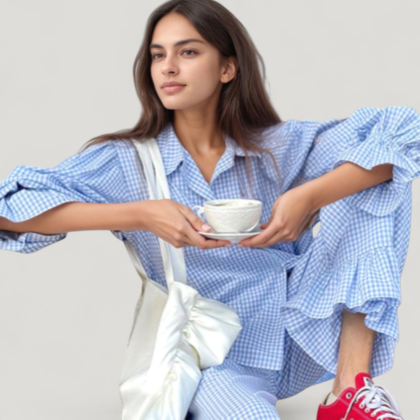 Anna-Kaci Lounge Women's Gingham Button Down Pajama Set with Long Sleeve Collared Top and Ruffle Hem Wide Leg Pants